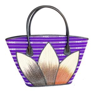 NWOT Lotus in Purple Handwoven Straw Lotus Design Fabric Double Handle Tote Bag